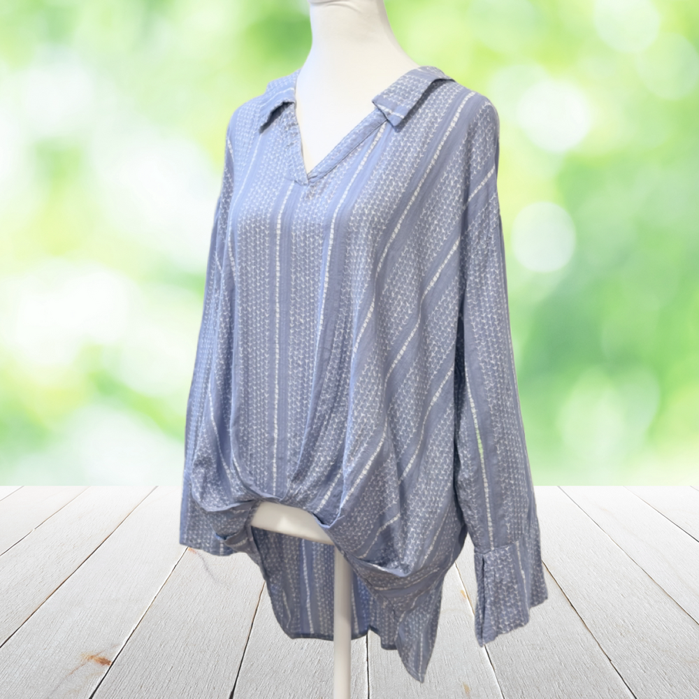 Vintage Y2K UMGEE High Low Tunic Top Faux Front Tuck Striped Relaxed Blue Size M